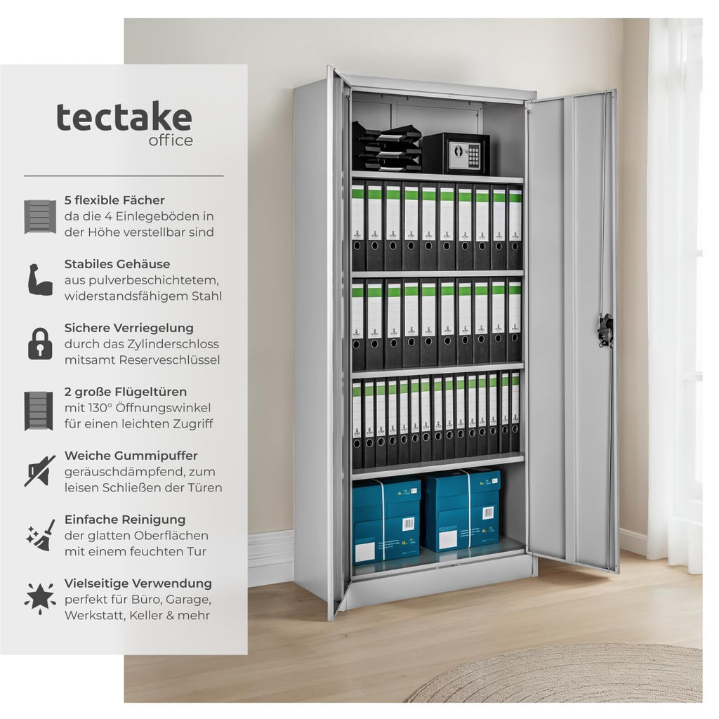 tectake® Aktenschrank, 180 x 90 x 40 cm, Büroschrank abschließbar, Mehrzweckschrank aus Stahl, Allzweckschrank, mit 2 Türen, Ink. 5 höhenverstellbare Einlegeböden, Aktenschrank abschließbar - grau