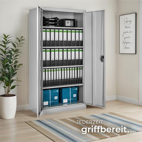 tectake® Aktenschrank, 180 x 90 x 40 cm, Büroschrank abschließbar, Mehrzweckschrank aus Stahl, Allzweckschrank, mit 2 Türen, Ink. 5 höhenverstellbare Einlegeböden, Aktenschrank abschließbar - grau