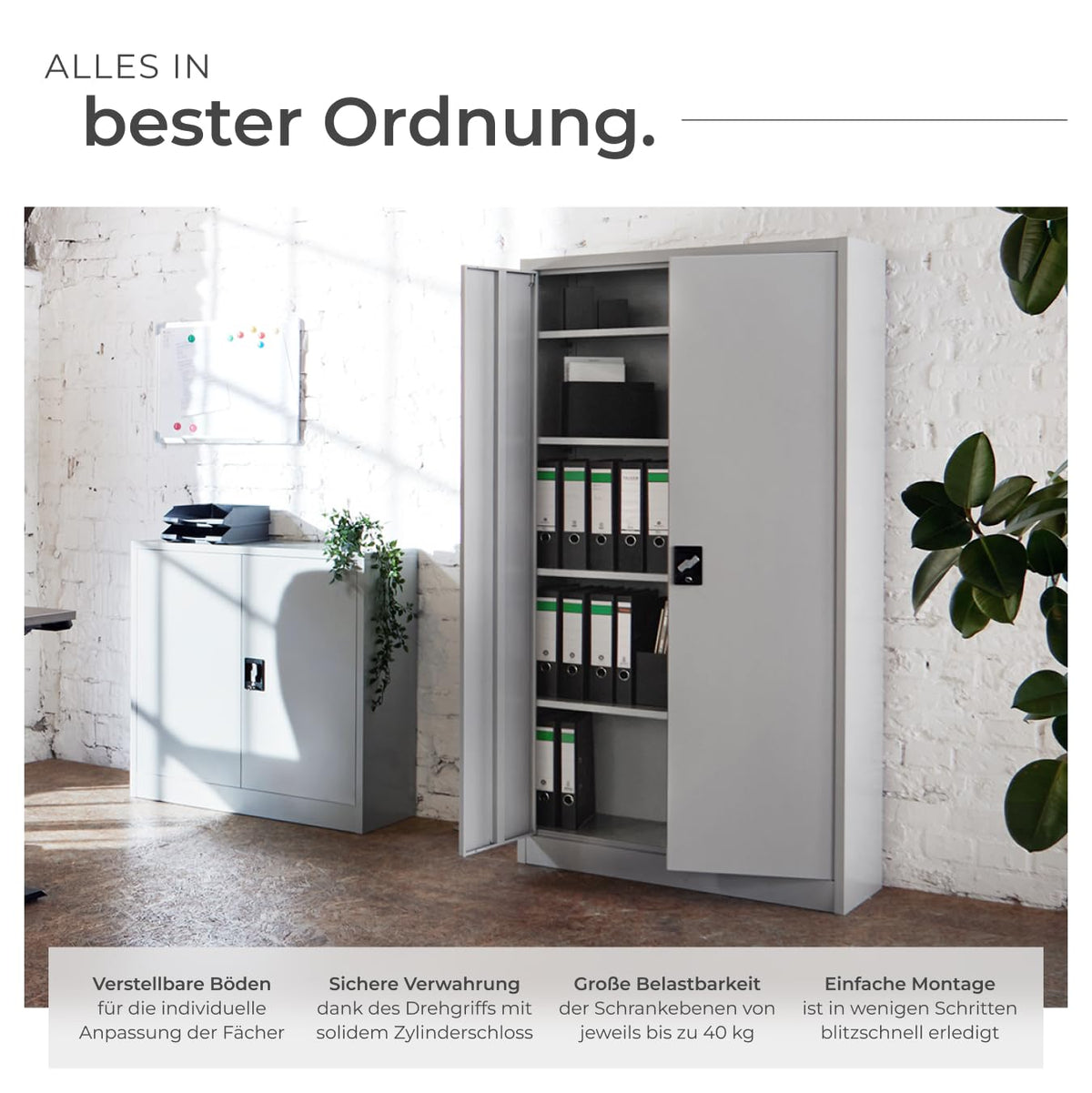 tectake® Aktenschrank, 180 x 90 x 40 cm, Büroschrank abschließbar, Mehrzweckschrank aus Stahl, Allzweckschrank, mit 2 Türen, Ink. 5 höhenverstellbare Einlegeböden, Aktenschrank abschließbar - grau