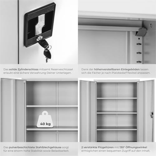 tectake® Aktenschrank, 180 x 90 x 40 cm, Büroschrank abschließbar, Mehrzweckschrank aus Stahl, Allzweckschrank, mit 2 Türen, Ink. 5 höhenverstellbare Einlegeböden, Aktenschrank abschließbar - grau