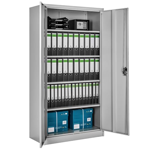 tectake® Aktenschrank, 180 x 90 x 40 cm, Büroschrank abschließbar, Mehrzweckschrank aus Stahl, Allzweckschrank, mit 2 Türen, Ink. 5 höhenverstellbare Einlegeböden, Aktenschrank abschließbar - grau