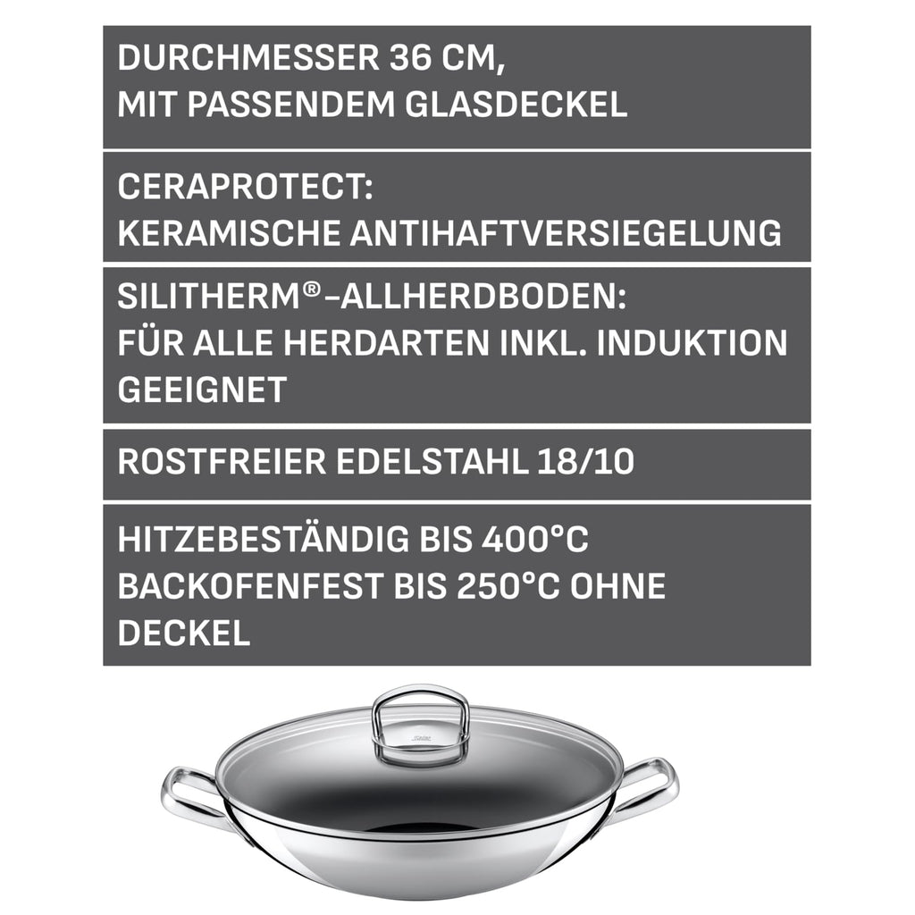 Silit Hongkong Wokpfanne Induktion 36 cm, mit Glasdeckel, CeraProtect keramische Antihaftversiegelung, Edelstahl Wok beschichtet, für alle Herdarten geeignet