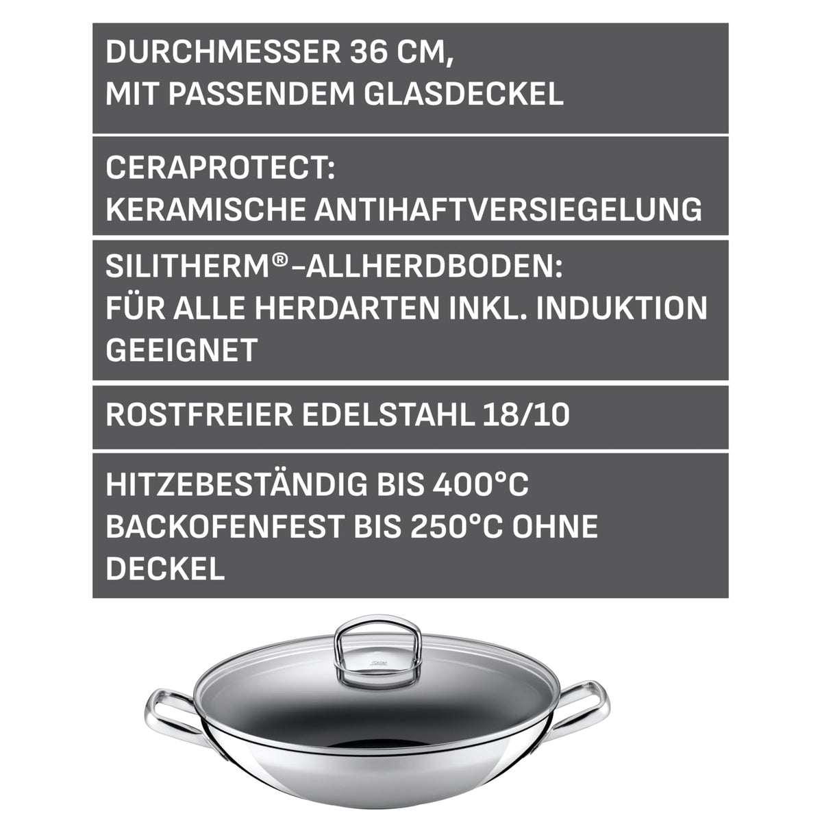 Silit Hongkong Wokpfanne Induktion 36 cm, mit Glasdeckel, CeraProtect keramische Antihaftversiegelung, Edelstahl Wok beschichtet, für alle Herdarten geeignet