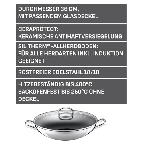 Silit Hongkong Wokpfanne Induktion 36 cm, mit Glasdeckel, CeraProtect keramische Antihaftversiegelung, Edelstahl Wok beschichtet, für alle Herdarten geeignet