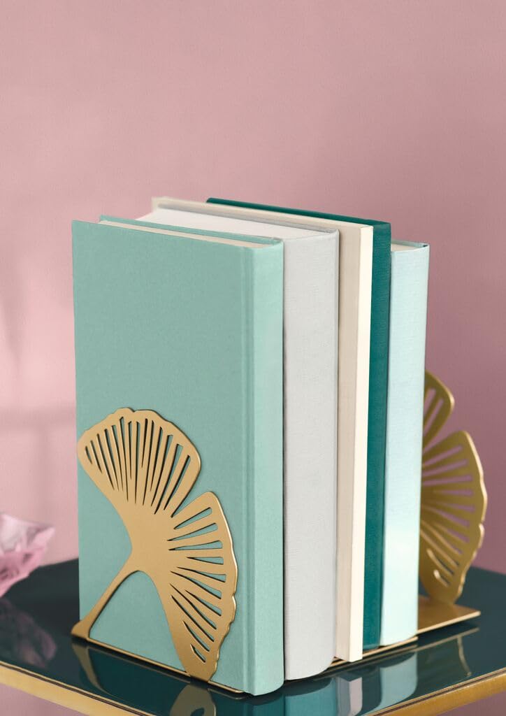 Moses. libri_x Buchstütze Gingko 2er Set, Dekoratives Buchständer-Set aus Metall in Gold, Goldene Buchstützen mit Cut-Out Look