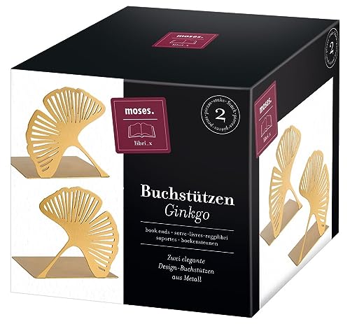 Moses. libri_x Buchstütze Gingko 2er Set, Dekoratives Buchständer-Set aus Metall in Gold, Goldene Buchstützen mit Cut-Out Look