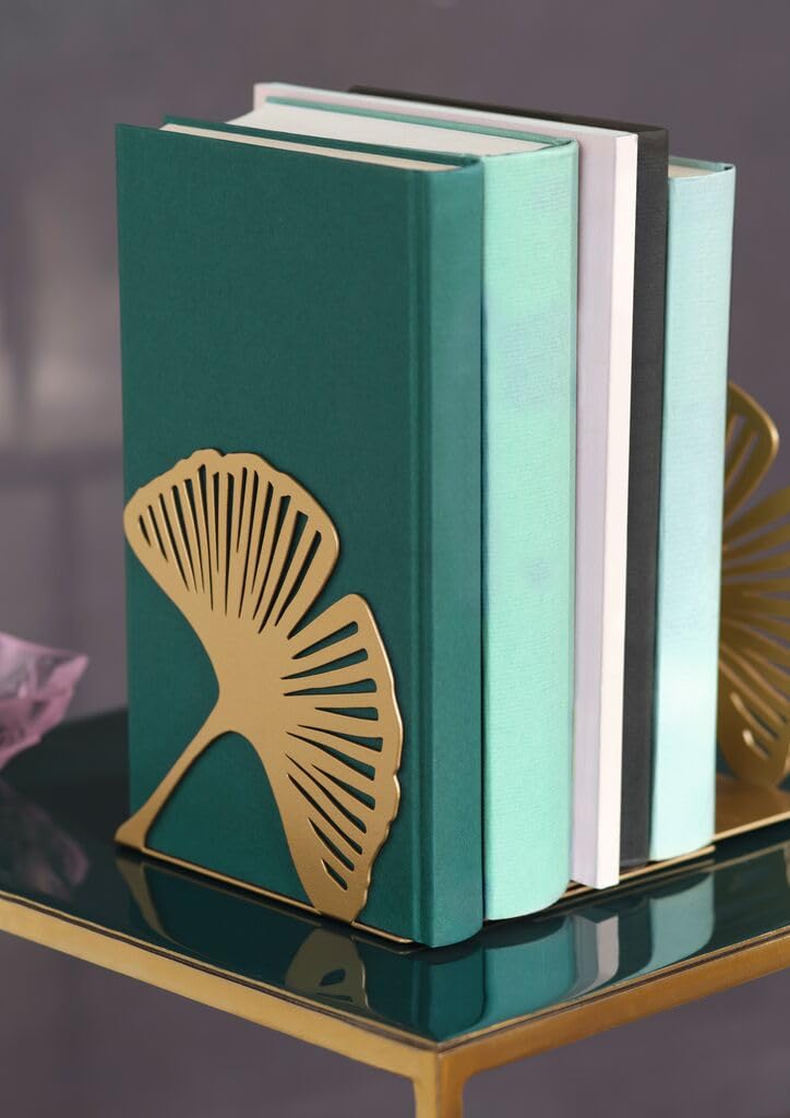 Moses. libri_x Buchstütze Gingko 2er Set, Dekoratives Buchständer-Set aus Metall in Gold, Goldene Buchstützen mit Cut-Out Look