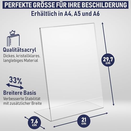 Dasher Products Schilderhalter mit abgeschrägter Rückwand, A4 Premium Portrait Werbetafel, Tisch Aufsteller, Rahmen im Staffelei-Stil, Plastik Broschürenhalter für Haus, Büro, Geschäft, Laden