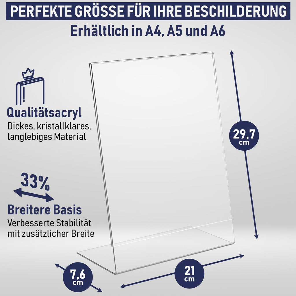 Dasher Products Schilderhalter mit abgeschrägter Rückwand, A4 Premium Portrait Werbetafel, Tisch Aufsteller, Rahmen im Staffelei-Stil, Plastik Broschürenhalter für Haus, Büro, Geschäft, Laden