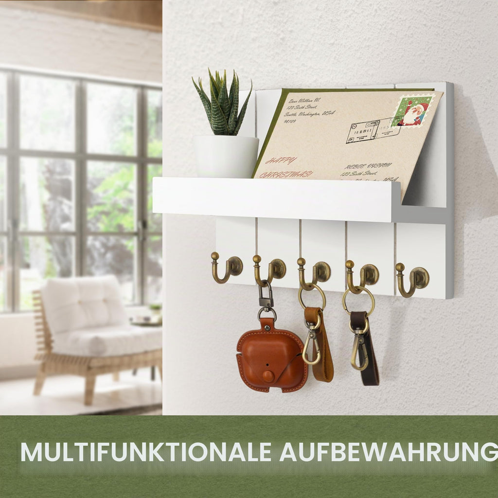 Rebee Vision Schlüsselbrett mit Ablage, Post-Organizer Schlüsselhalter Wandhalterung, 5 Schlüsselhaken, dekorative Heimdekoration im Bauernhaus-Stil für Wohnzimmer, Flur & Eingang, weiß