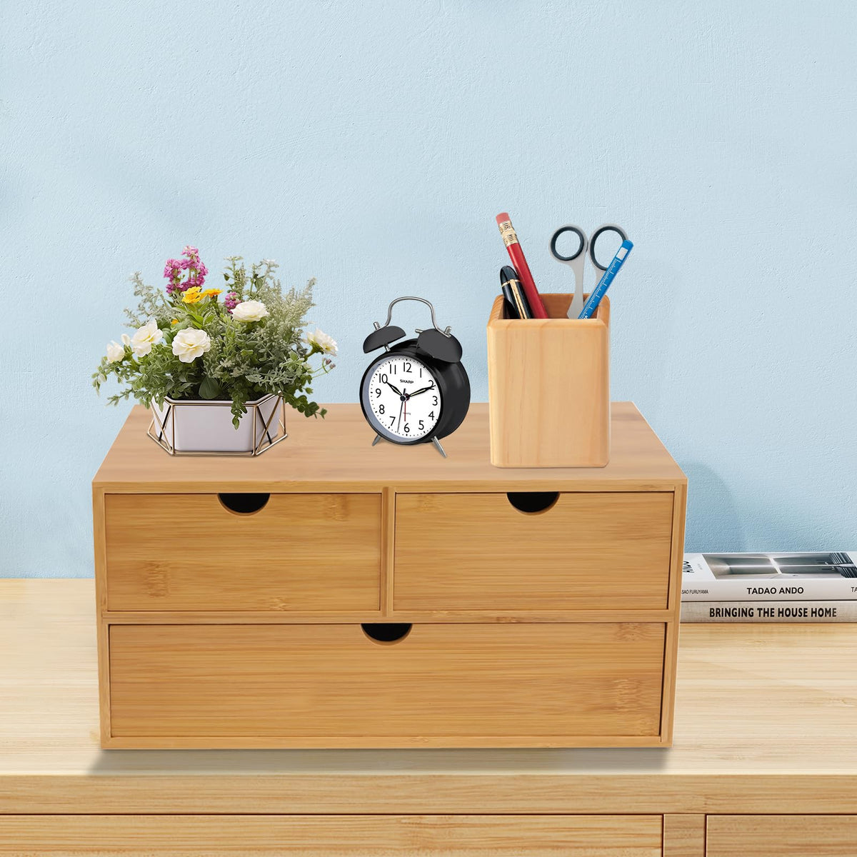 Natürlicher Bambus Schreibtischorganisator mit 3 schubladen, multifunktionale Tischablage für büroutensilien（33 * 19 * 16 cm 2 Züge oben, 1 Zug unten