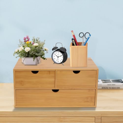Natürlicher Bambus Schreibtischorganisator mit 3 schubladen, multifunktionale Tischablage für büroutensilien（33 * 19 * 16 cm 2 Züge oben, 1 Zug unten