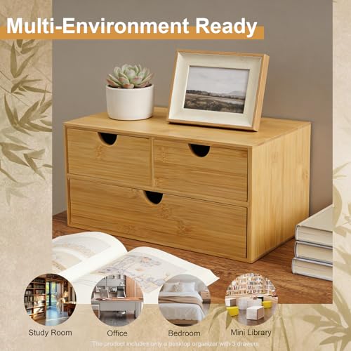 Natürlicher Bambus Schreibtischorganisator mit 3 schubladen, multifunktionale Tischablage für büroutensilien（33 * 19 * 16 cm 2 Züge oben, 1 Zug unten