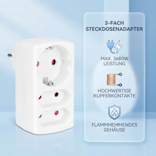 Aigostar Mehrfachsteckdose 3-Fach Steckdosenadapter, 2 Euro +1 Schuko Steckdose Kindersicherung, doppelstecker für steckdose,Weiß
