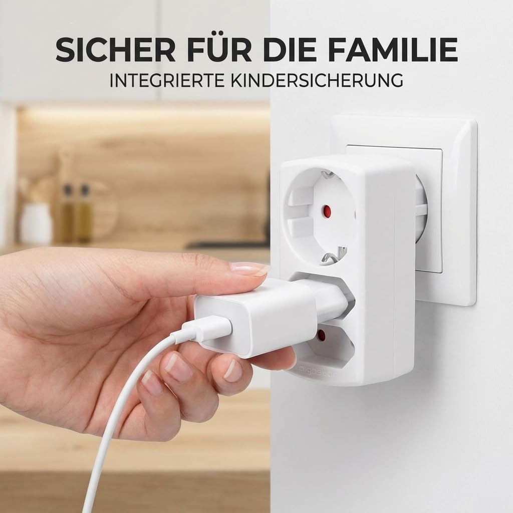 Aigostar Mehrfachsteckdose 3-Fach Steckdosenadapter, 2 Euro +1 Schuko Steckdose Kindersicherung, doppelstecker für steckdose,Weiß