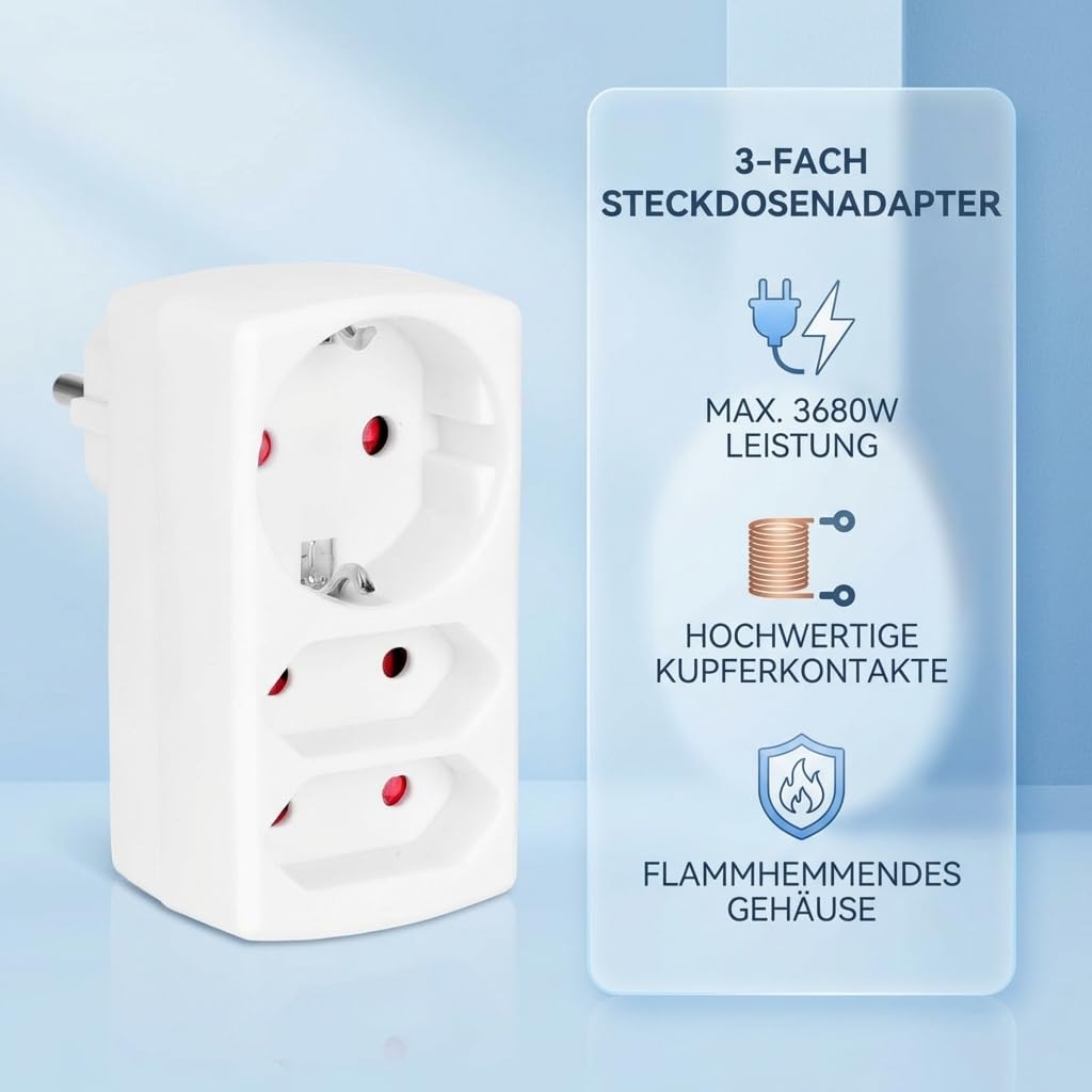 Aigostar Mehrfachsteckdose 3-Fach Steckdosenadapter, 2 Euro +1 Schuko Steckdose Kindersicherung, doppelstecker für steckdose,Weiß