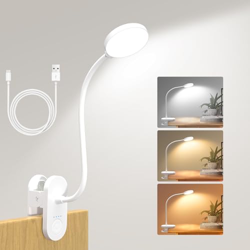 61 LED Akku Leselampe Bett –【3 Farbmodi & 10 Helligkeiten】 2000mAh Klemmlampe mit USB-C, 40cm Flexibler Schwanenhals, Buchlampe, Klemmleuchte für Schlafzimmer, Schreibtisch & Camping
