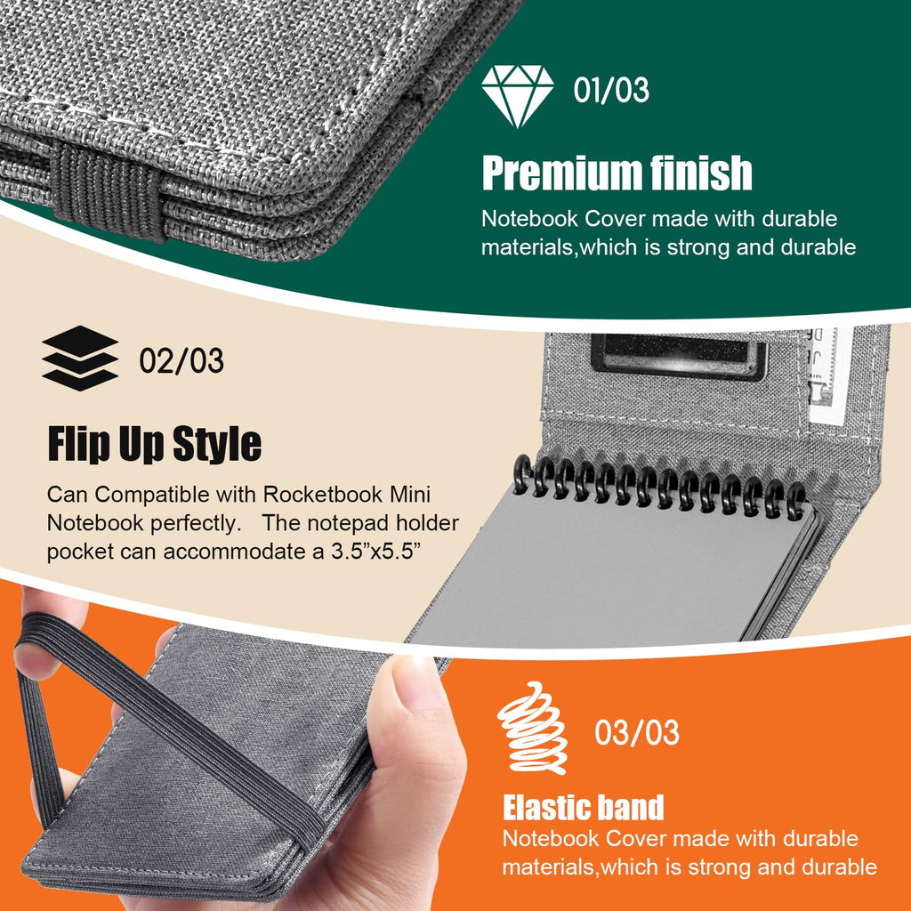 Notizbuchhülle für Rocketbook, Mini-Größe, kompatibel mit Feldnotizen, Spiralnotizbuch, 8,9 x 14,9 cm, wasserdichter Stoff, multifunktionaler Organizer mit Stifthalter, Visitenkartenhalter