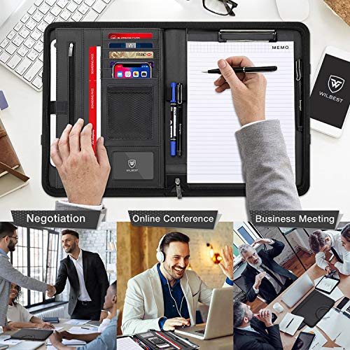 A4 Schreibmappe, Multifunktions Ledermappe, Große Fächern für Tablet, Reißverschlussfach, Facheinschließlich Schreibbloc, 4 Kartenfächer, Faltbaren Magnetgriffen, Wasserdicht Dokumentenmappe