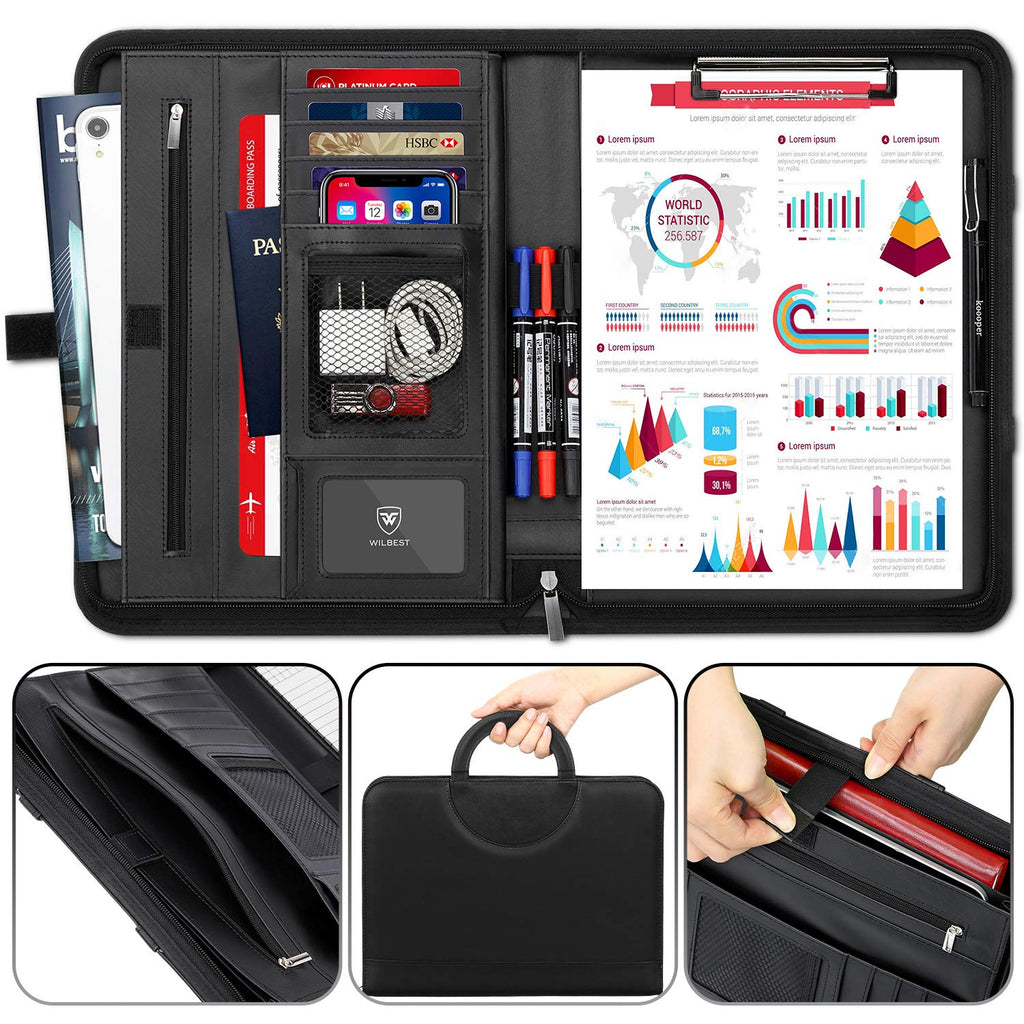 A4 Schreibmappe, Multifunktions Ledermappe, Große Fächern für Tablet, Reißverschlussfach, Facheinschließlich Schreibbloc, 4 Kartenfächer, Faltbaren Magnetgriffen, Wasserdicht Dokumentenmappe