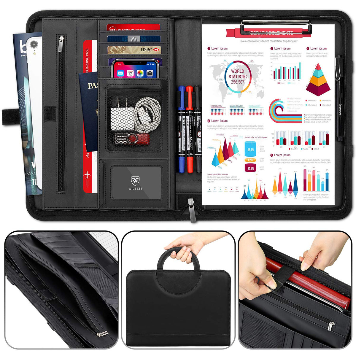 A4 Schreibmappe, Multifunktions Ledermappe, Große Fächern für Tablet, Reißverschlussfach, Facheinschließlich Schreibbloc, 4 Kartenfächer, Faltbaren Magnetgriffen, Wasserdicht Dokumentenmappe