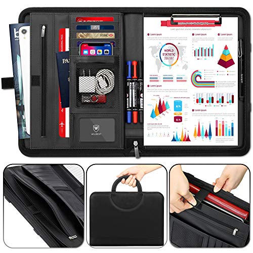 A4 Schreibmappe, Multifunktions Ledermappe, Große Fächern für Tablet, Reißverschlussfach, Facheinschließlich Schreibbloc, 4 Kartenfächer, Faltbaren Magnetgriffen, Wasserdicht Dokumentenmappe