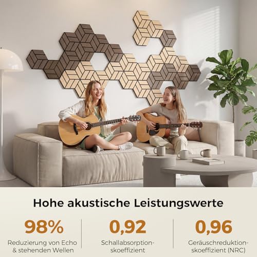 12 Stück Hexagon Akustikplatten Selbstklebend, 30 x 26 x 0,9 cm Hohe Dichte schallabsorber wand, Schallschutzplatten für Studio, Büro, Akustische Behandlung und Gaming deko, Walnuss