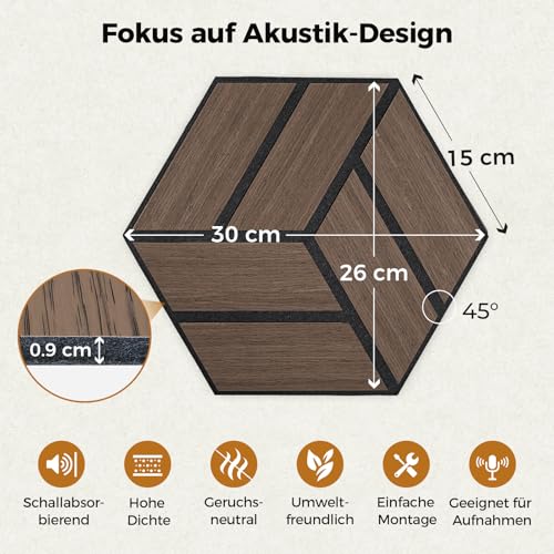 12 Stück Hexagon Akustikplatten Selbstklebend, 30 x 26 x 0,9 cm Hohe Dichte schallabsorber wand, Schallschutzplatten für Studio, Büro, Akustische Behandlung und Gaming deko, Walnuss