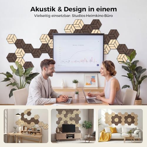 12 Stück Hexagon Akustikplatten Selbstklebend, 30 x 26 x 0,9 cm Hohe Dichte schallabsorber wand, Schallschutzplatten für Studio, Büro, Akustische Behandlung und Gaming deko, Walnuss