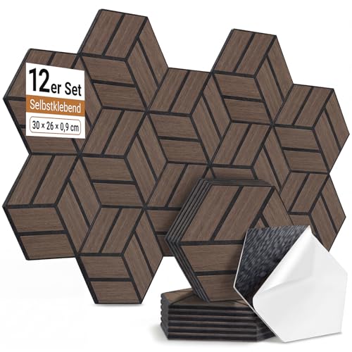 12 Stück Hexagon Akustikplatten Selbstklebend, 30 x 26 x 0,9 cm Hohe Dichte schallabsorber wand, Schallschutzplatten für Studio, Büro, Akustische Behandlung und Gaming deko, Walnuss