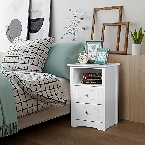 Yaheetech Nachttisch Nachtschrank Schlichte Nachtkommode mit 2 Schubladen und 1 offener Ablage Holz Beistelltisch Telefontisch für Schlafzimmer/Wohnzimmer, Weiß