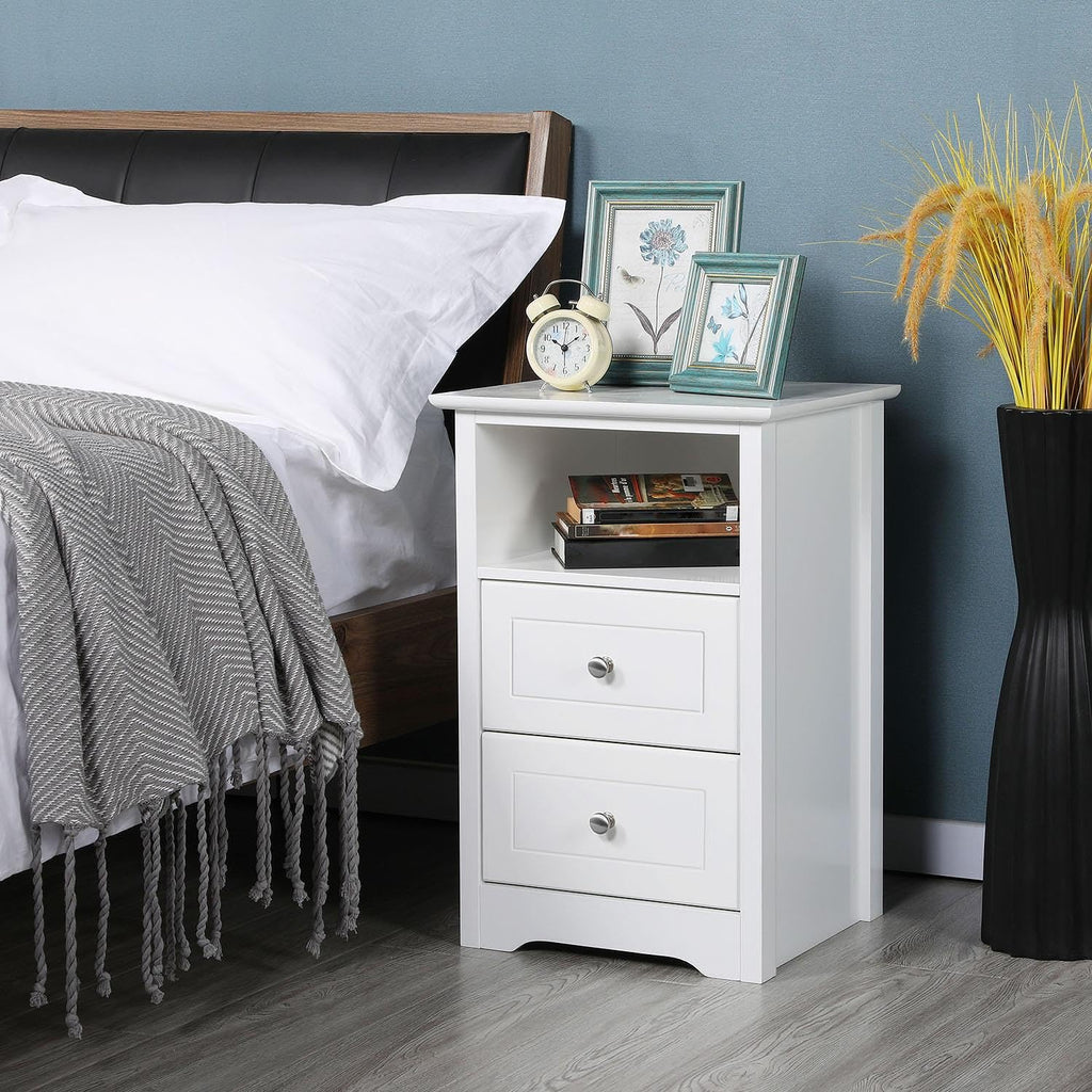 Yaheetech Nachttisch Nachtschrank Schlichte Nachtkommode mit 2 Schubladen und 1 offener Ablage Holz Beistelltisch Telefontisch für Schlafzimmer/Wohnzimmer, Weiß