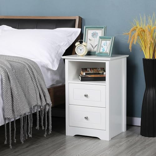 Yaheetech Nachttisch Nachtschrank Schlichte Nachtkommode mit 2 Schubladen und 1 offener Ablage Holz Beistelltisch Telefontisch für Schlafzimmer/Wohnzimmer, Weiß