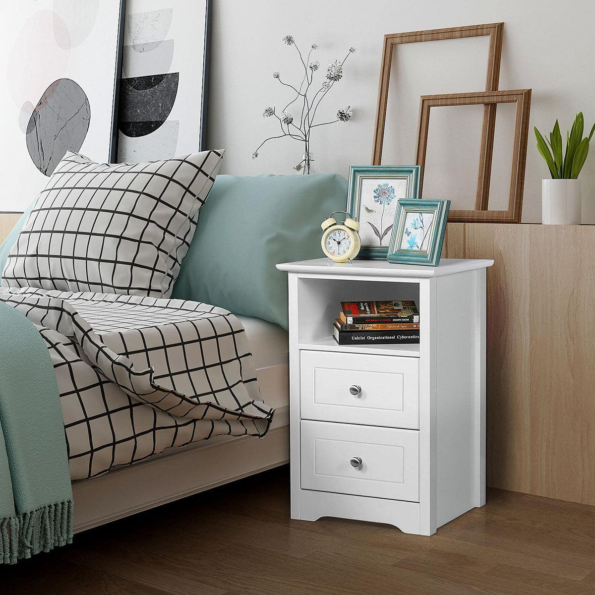 Yaheetech Nachttisch Nachtschrank Schlichte Nachtkommode mit 2 Schubladen und 1 offener Ablage Holz Beistelltisch Telefontisch für Schlafzimmer/Wohnzimmer, Weiß