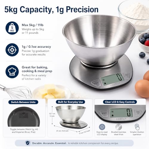 EXZACT Digitale Küchenwaage Edelstahl - Elektronische Kochwaage mit Abnehmbarer Schüssel zum Backen und Kochen - Tara-Funktion - Max 5 kgs - küchenwaage mit schüssel