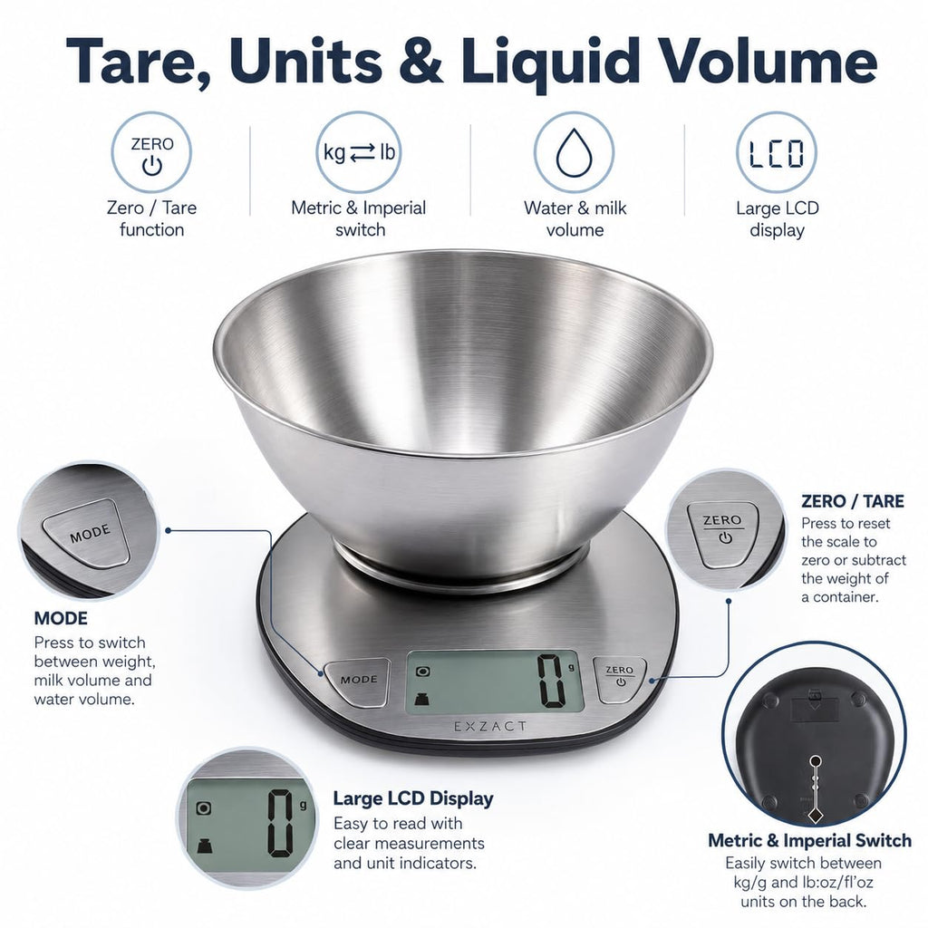 EXZACT Digitale Küchenwaage Edelstahl - Elektronische Kochwaage mit Abnehmbarer Schüssel zum Backen und Kochen - Tara-Funktion - Max 5 kgs - küchenwaage mit schüssel