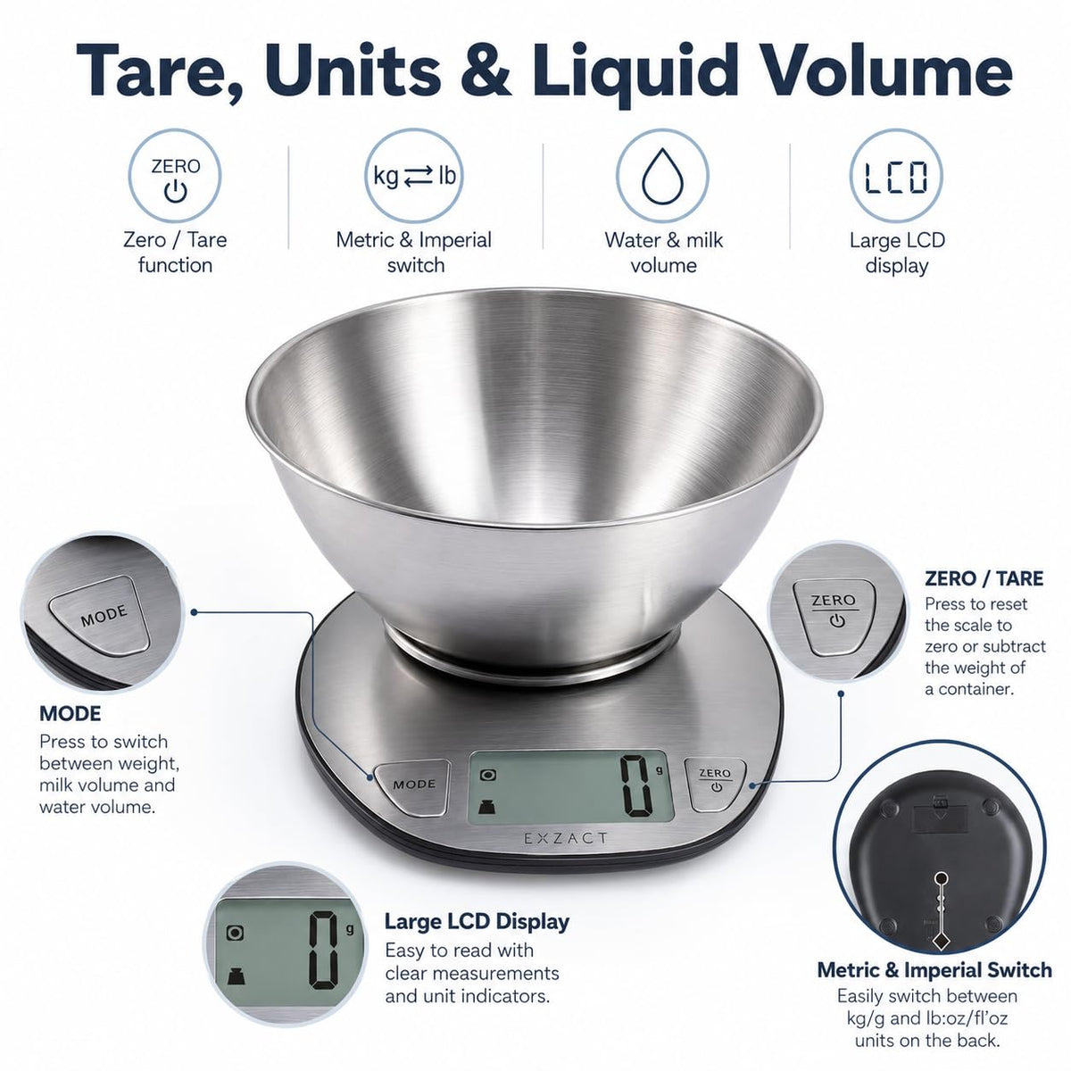 EXZACT Digitale Küchenwaage Edelstahl - Elektronische Kochwaage mit Abnehmbarer Schüssel zum Backen und Kochen - Tara-Funktion - Max 5 kgs - küchenwaage mit schüssel