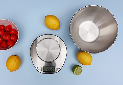 EXZACT Digitale Küchenwaage Edelstahl - Elektronische Kochwaage mit Abnehmbarer Schüssel zum Backen und Kochen - Tara-Funktion - Max 5 kgs - küchenwaage mit schüssel