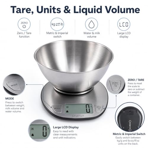 EXZACT Digitale Küchenwaage Edelstahl - Elektronische Kochwaage mit Abnehmbarer Schüssel zum Backen und Kochen - Tara-Funktion - Max 5 kgs - küchenwaage mit schüssel
