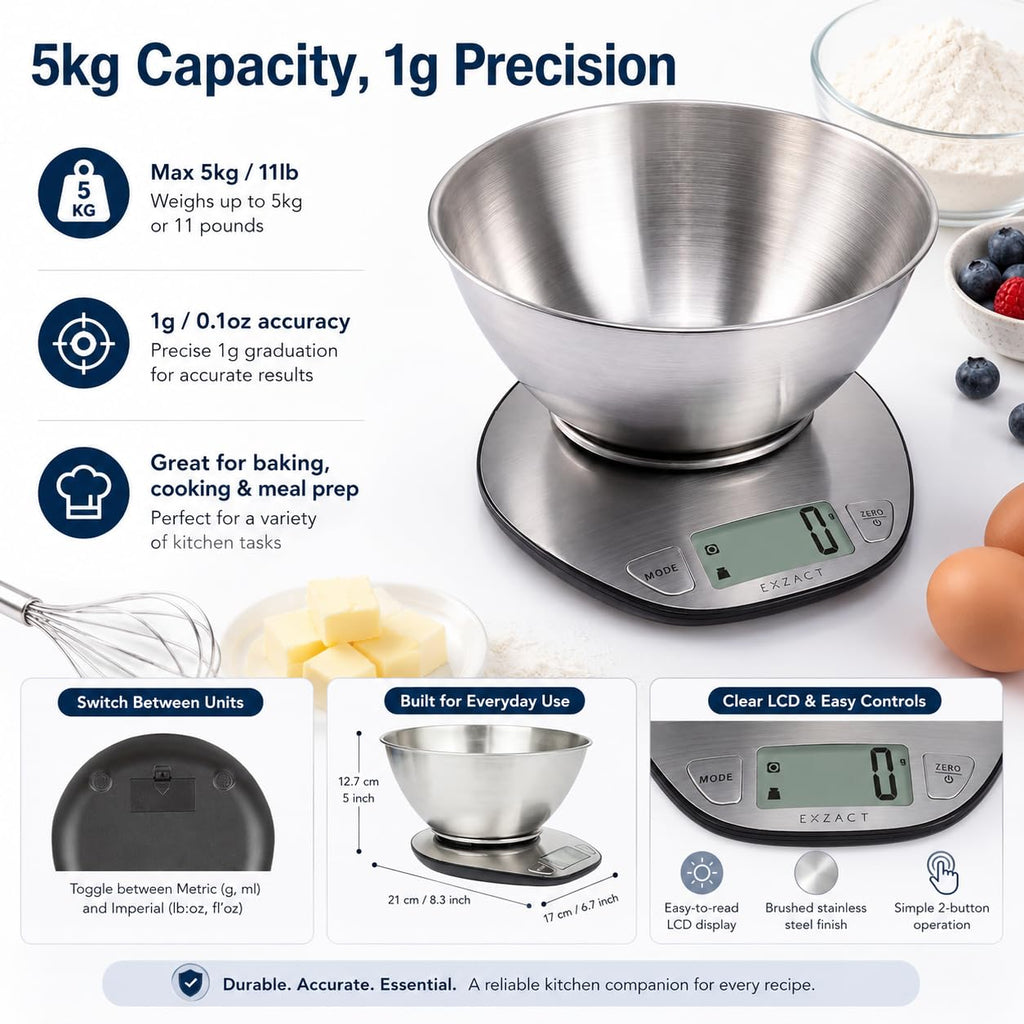 EXZACT Digitale Küchenwaage Edelstahl - Elektronische Kochwaage mit Abnehmbarer Schüssel zum Backen und Kochen - Tara-Funktion - Max 5 kgs - küchenwaage mit schüssel