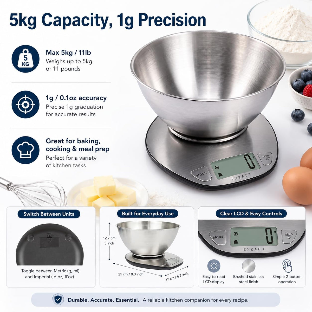 EXZACT Digitale Küchenwaage Edelstahl - Elektronische Kochwaage mit Abnehmbarer Schüssel zum Backen und Kochen - Tara-Funktion - Max 5 kgs - küchenwaage mit schüssel