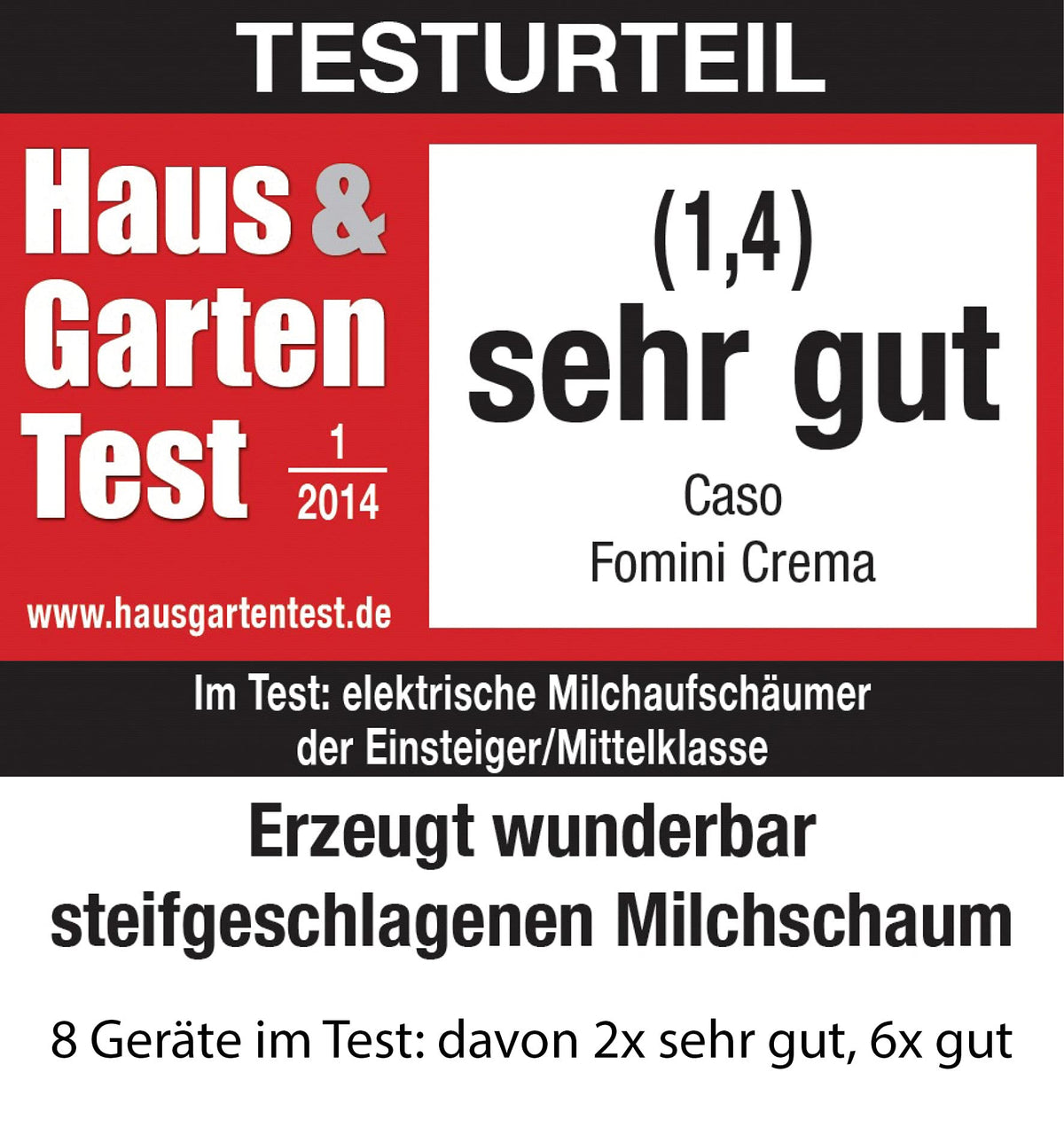 Caso Fomini Crema Design Milchaufschäumer,Testurteil Sehr Gut, für cremigen Milchschaum kalt und heiß, ideal für Latte Macciato, Kakao, hochwertiges Gehäuse