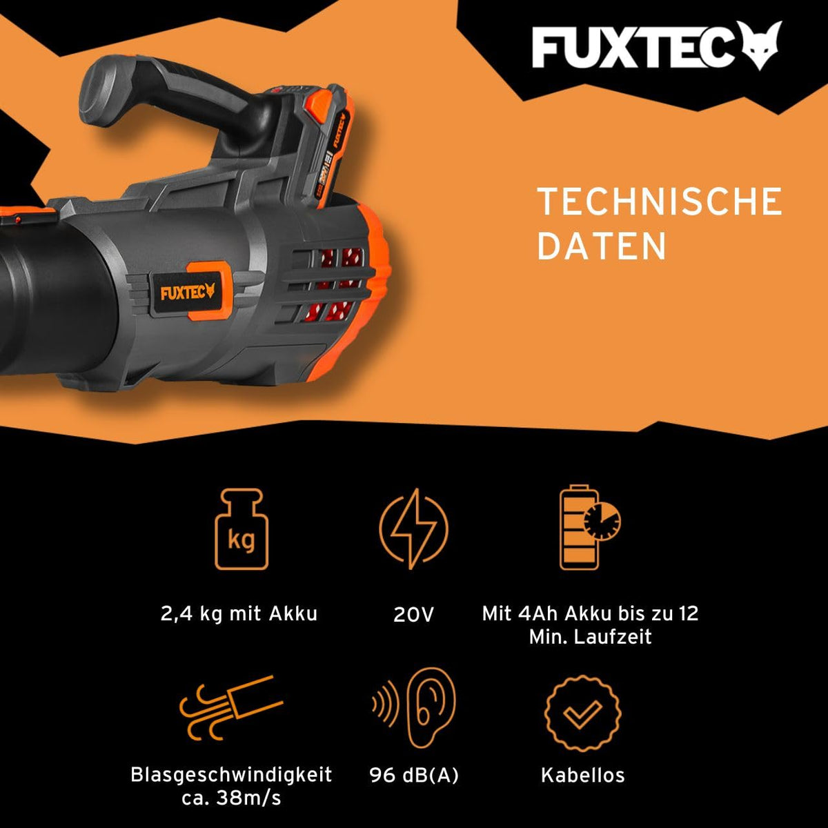 FUXTEC 20V Akku-Laubbläser FX-E1LB20SET1 • 38 m/s • mit 4Ah Akku