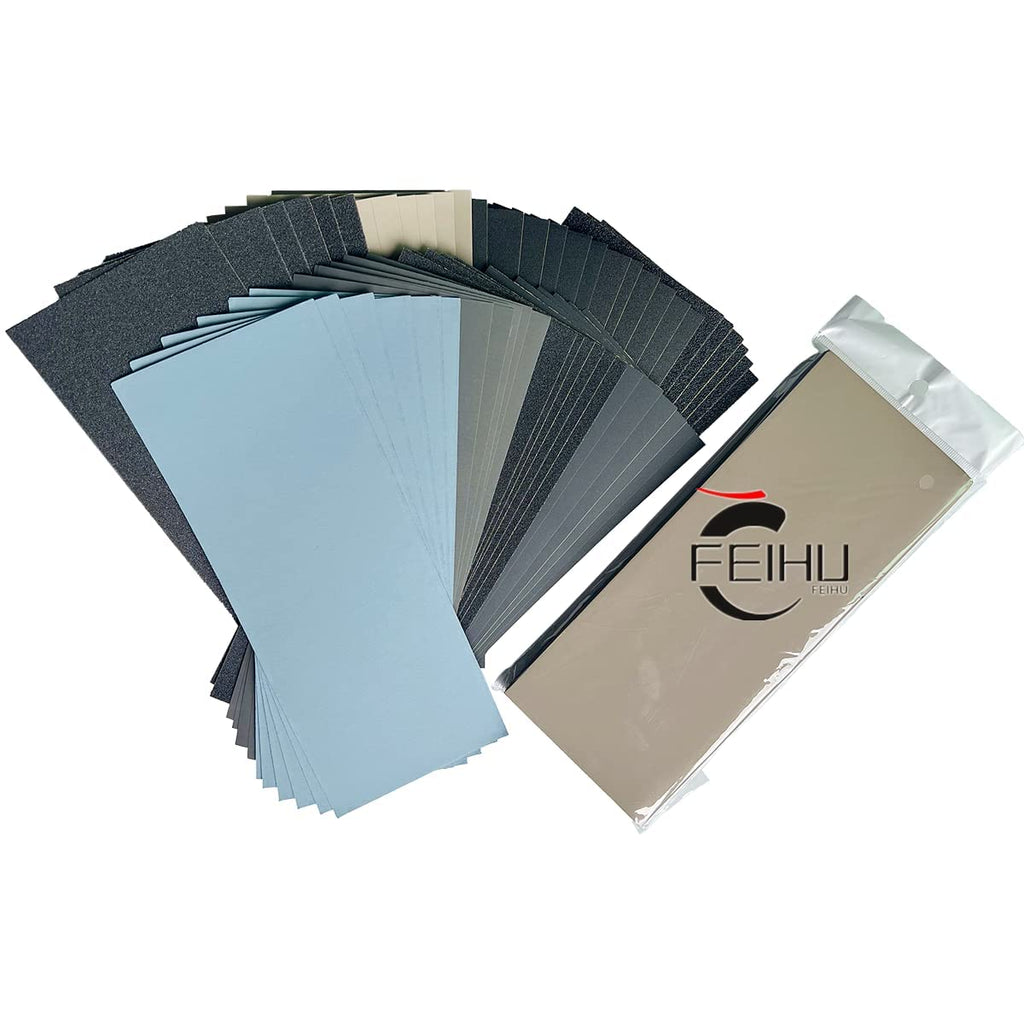 FEIHU Schleifpapier Set, Körnung von 120/180/240/320 bis 7000/8000/10000, Wasserfest Nass & Trocken für automatisiertes Schleifen, epoxidharz, Holz, Stein, Lack, Metall,Autos,9 x 3.6 Zoll(51 Stück)
