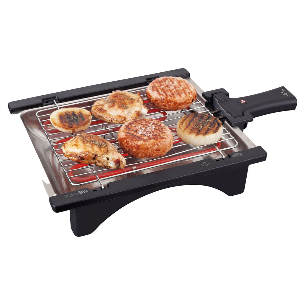 Jata BQ95 Elektrogrill, perfekt für zwei Personen, ohne Rauch, ohne Gerüche, abnehmbarer Grill mit 2 Höhen, Tablett aus Edelstahl, gesunde Küche mit Wasser [Energieeffizienzklasse A]