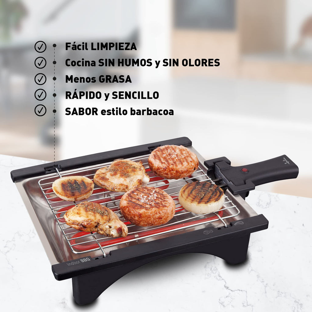 Jata BQ95 Elektrogrill, perfekt für zwei Personen, ohne Rauch, ohne Gerüche, abnehmbarer Grill mit 2 Höhen, Tablett aus Edelstahl, gesunde Küche mit Wasser [Energieeffizienzklasse A]