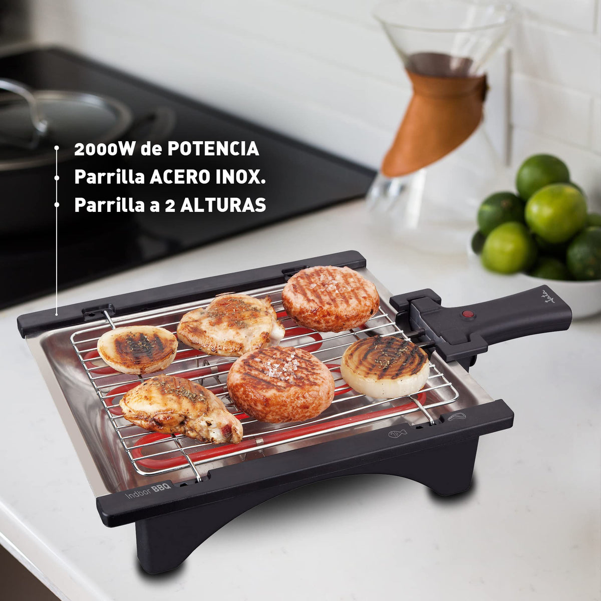 Jata BQ95 Elektrogrill, perfekt für zwei Personen, ohne Rauch, ohne Gerüche, abnehmbarer Grill mit 2 Höhen, Tablett aus Edelstahl, gesunde Küche mit Wasser [Energieeffizienzklasse A]