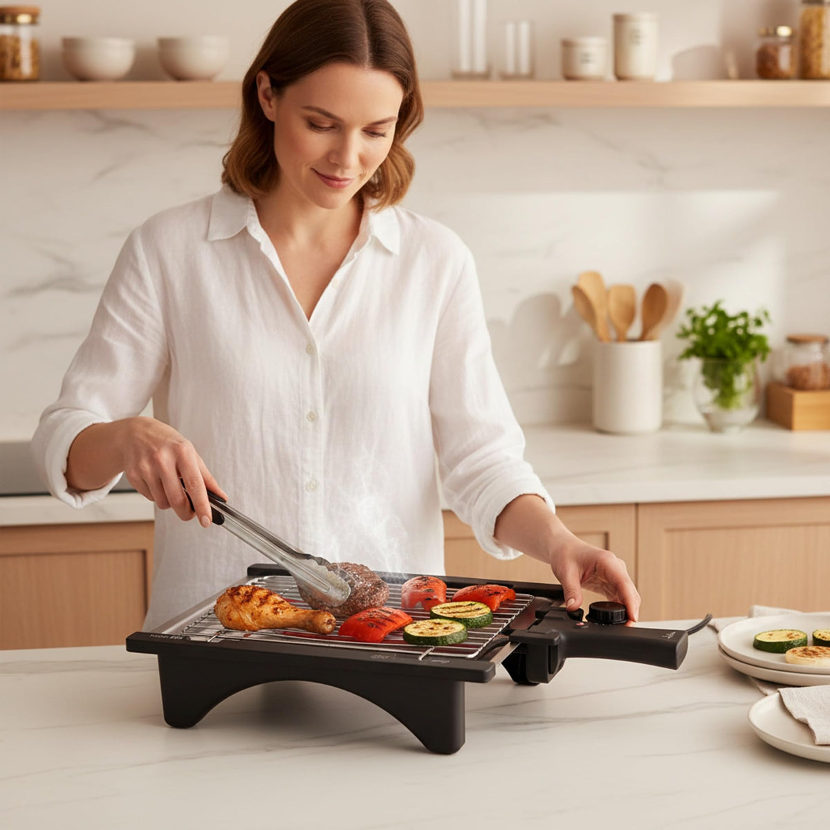 Jata BQ95 Elektrogrill, perfekt für zwei Personen, ohne Rauch, ohne Gerüche, abnehmbarer Grill mit 2 Höhen, Tablett aus Edelstahl, gesunde Küche mit Wasser [Energieeffizienzklasse A]