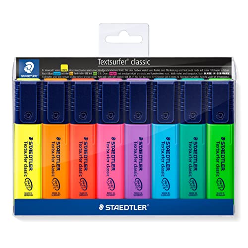 STAEDTLER Textmarker Textsurfer classic, großer Tintenspeicher, lange Markierleistung, sekundenschnell trocken, Keilspitze 1 - 5mm, rainbow colours, 8 Marker in sortierten Farben im Etui, 364 WP8