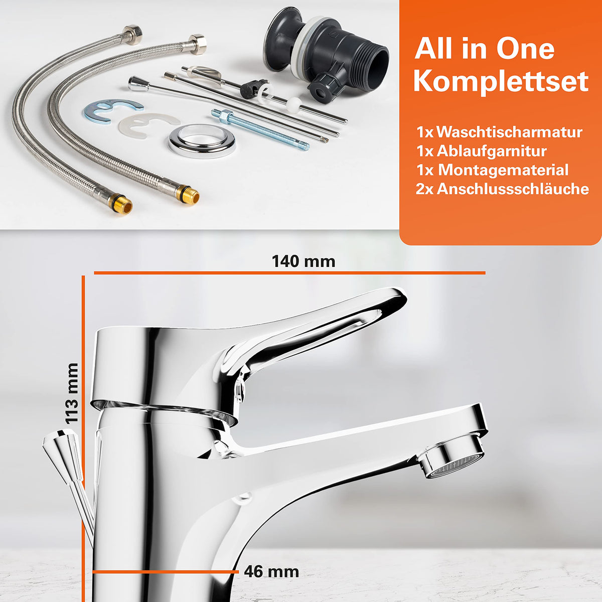 EISL NI075VECR VERONA Wasserhahn Bad, Mischbatterie für Waschbecken, Einhebelmischer Badezimmer, Waschtischarmatur mit Zugstange und Ablaufgarnitur, Waschbeckenarmatur, Chrom